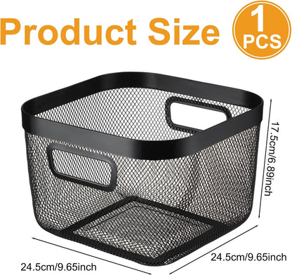 MorningRo 6 Pack Metal Mesh Basket with Hollow Handles Black Wire Storage Bin for Organizing Stackable Metal Fine Mesh Basket for Pantry Bathroom Kitchen Cabinets Shelves (Medium)