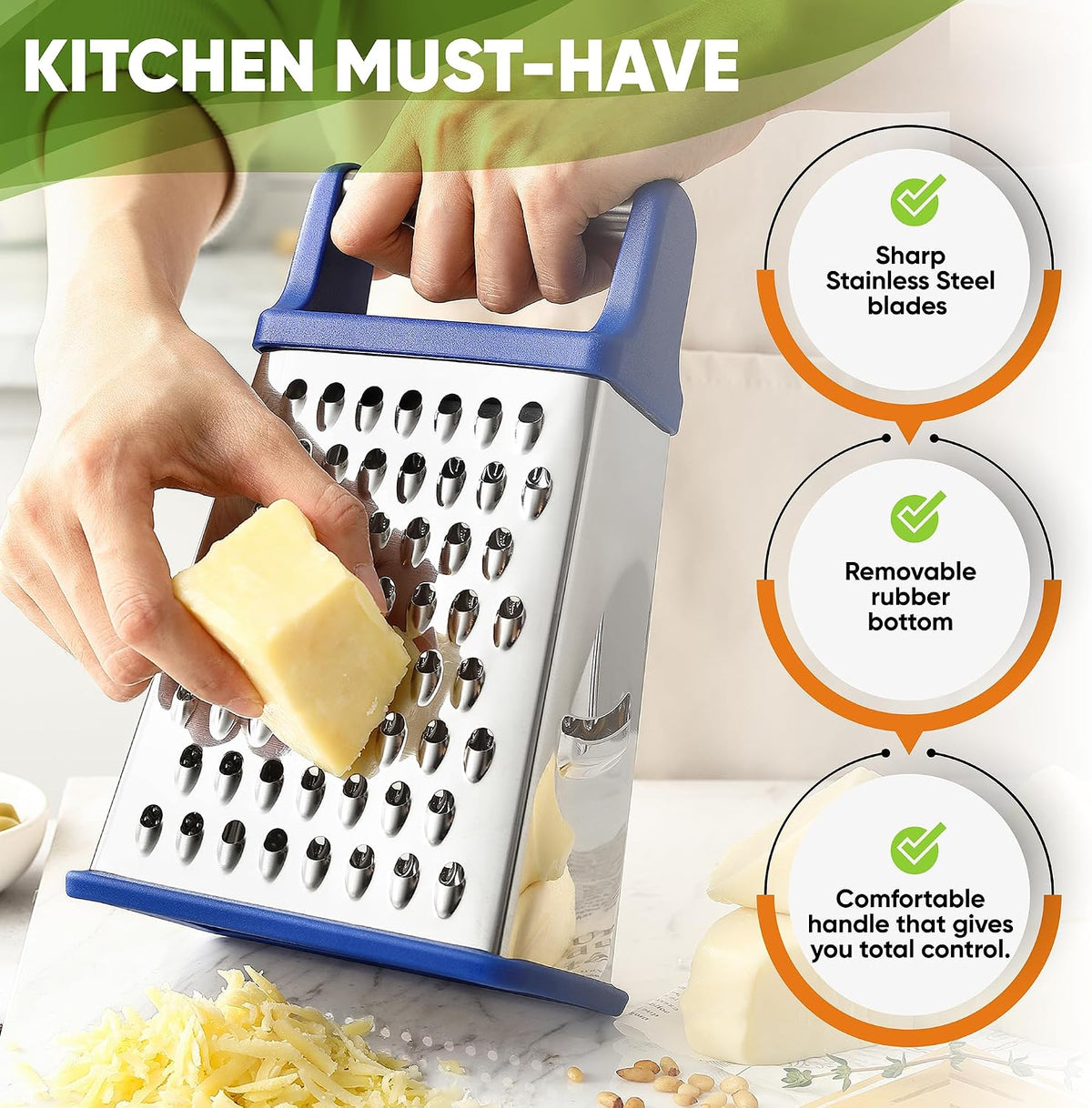 Spring Chef Stainless Steel XL Cheese Grater for Kitchen, Green