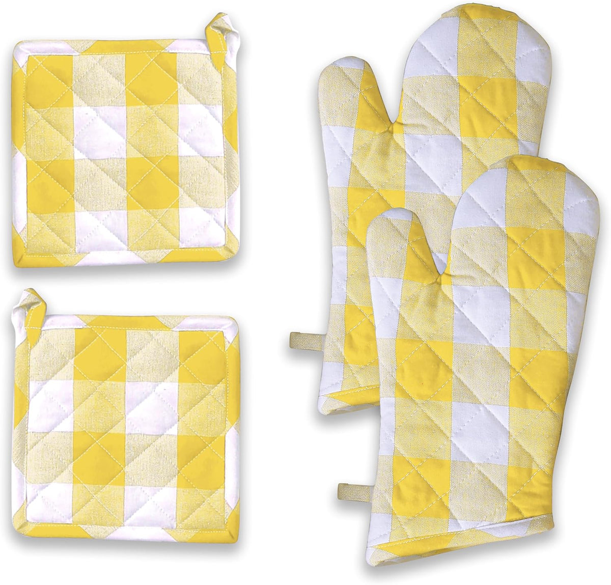 Oven Mitt (7"x13") & Pot Holder (8"x8") 100% Cotton Set of Heat Resistant Oven Gloves & Hot Pads for Gifts, BBQ, Cooking, Baking, Thanksgiving - Mustard Yellow