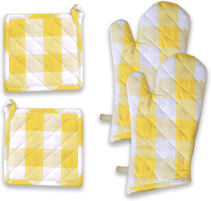 Oven Mitt (7"x13") & Pot Holder (8"x8") 100% Cotton Set of Heat Resistant Oven Gloves & Hot Pads for Gifts, BBQ, Cooking, Baking, Thanksgiving - Mustard Yellow