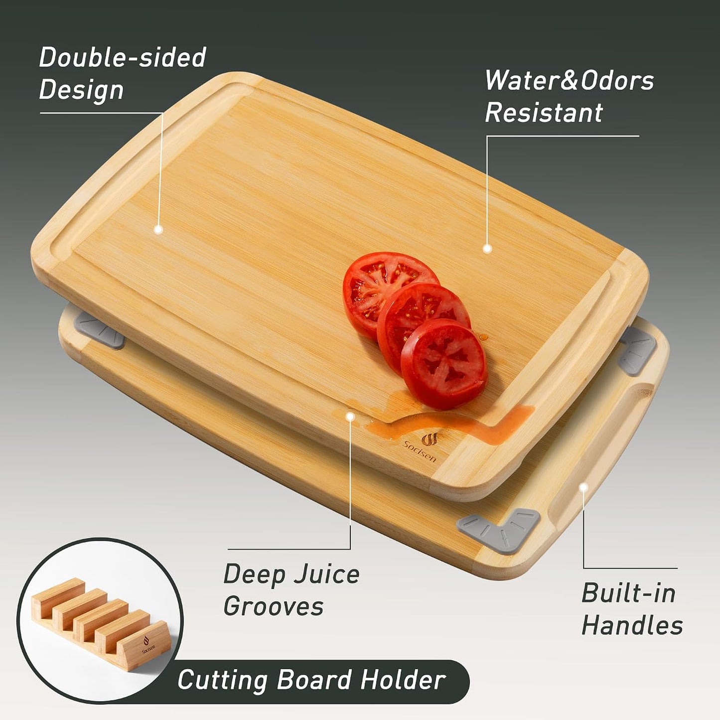 3 Packs Bamboo Cutting Board Set with Non Slip Feet Holder and Over Sink Nice Solid Thick Wood Juice Groove Chopping Board Extra Large Big Small Best Hardwood Kitchen Organic Vegetable Meat BBQ Kit