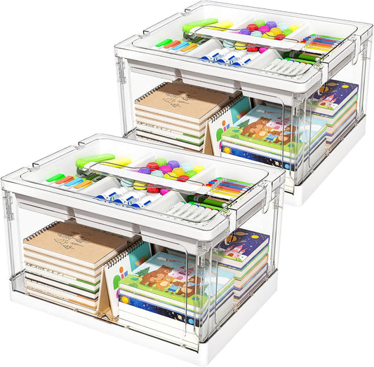 24QT 2Packs Clear Craft Organizers and Storage with Trays, Art Supply Organizer and Storage, Craft Storage Box with Lid for Beads, Markers, Coloring Books, Sewing, Playdoh and Tools