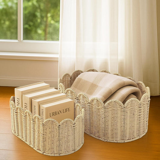 Rattan Picnic Basket with Handle, Wicker Picnic Basket with Scalloped Edge, Garden Harvest Basket, Woven Baskets for Vegetable & Fruit, 2 Pack