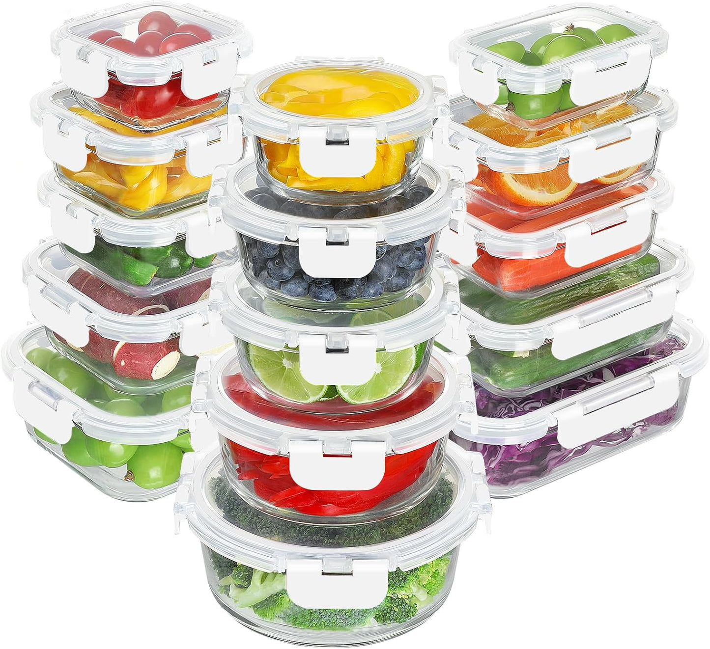 BAYZZ 30 Piece Glass Food Storage Containers Set, Glass Meal Prep Containers with Lids, Airtight Lunch Box, BPA-Free, Microwave, Freezer & Dishwasher Safe