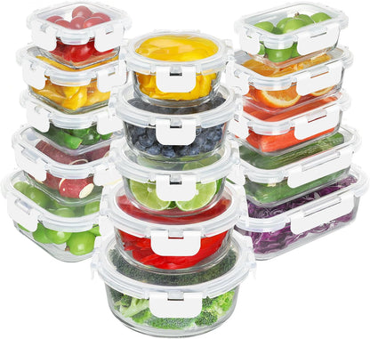 BAYZZ 30 Piece Glass Food Storage Containers Set, Glass Meal Prep Containers with Lids, Airtight Lunch Box, BPA-Free, Microwave, Freezer & Dishwasher Safe