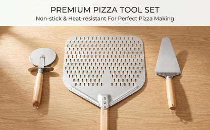Perforated Pizza Peel Set, 12 x 14 Inch Stainless Steel Paddle with Detachable Wood Handle, Includes Peel, Cutter and Turner, 3 Piece