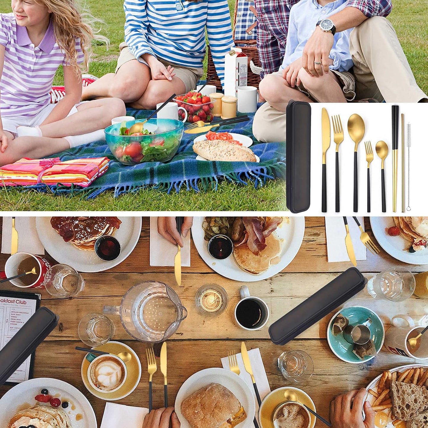 AARAINBOW 6 Pieces 18/8 Stainless Steel Flatware Set Portable Reusable Cutlery Set Travel Utensils Set Including Chopsticks Knife Fork Spoon Straws Cleaning Brush Dishwasher Safe (Green golden)