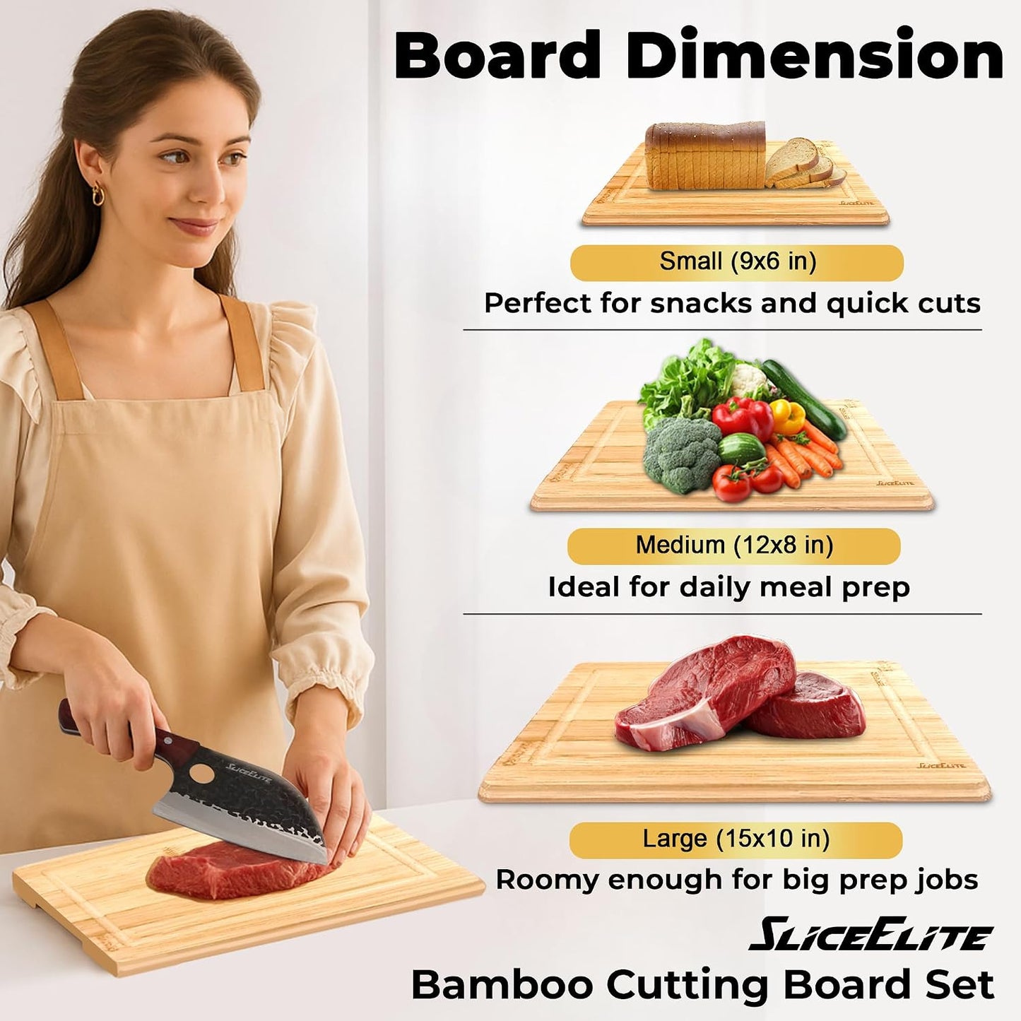 SliceElite Extra Large Bamboo Cutting Board Set 3 Piece End Grain Wooden Chopping Boards with Holder Non Slip Feet Juice Groove XL Butcher Block Style Boards for Kitchen Carving and Serving
