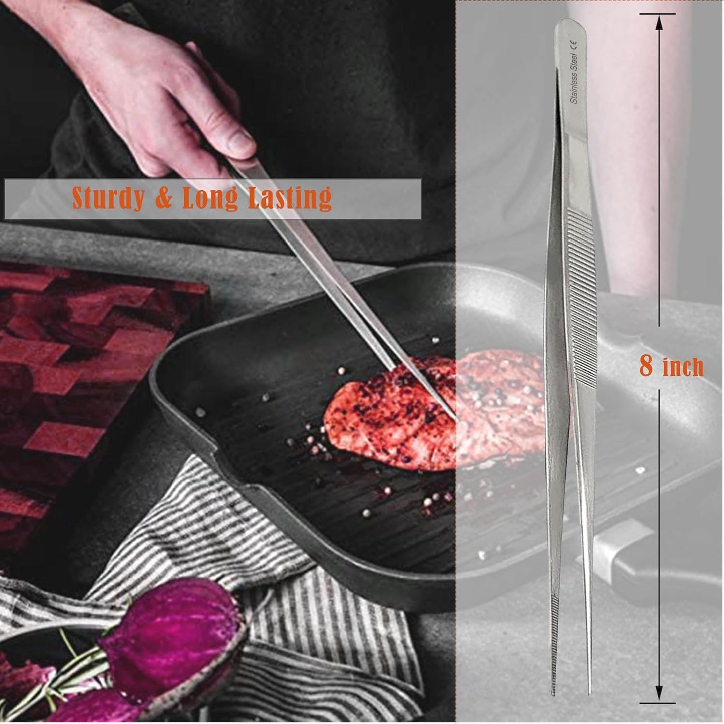 6 Inch Professional Culinary Stainless Steel Precision Tongs with Serrated Tips, Plating/Food Presentation Detailing Serving Tongs, Chef's Kitchen Tweezer Tongs - Ultra Non-Slip Grip