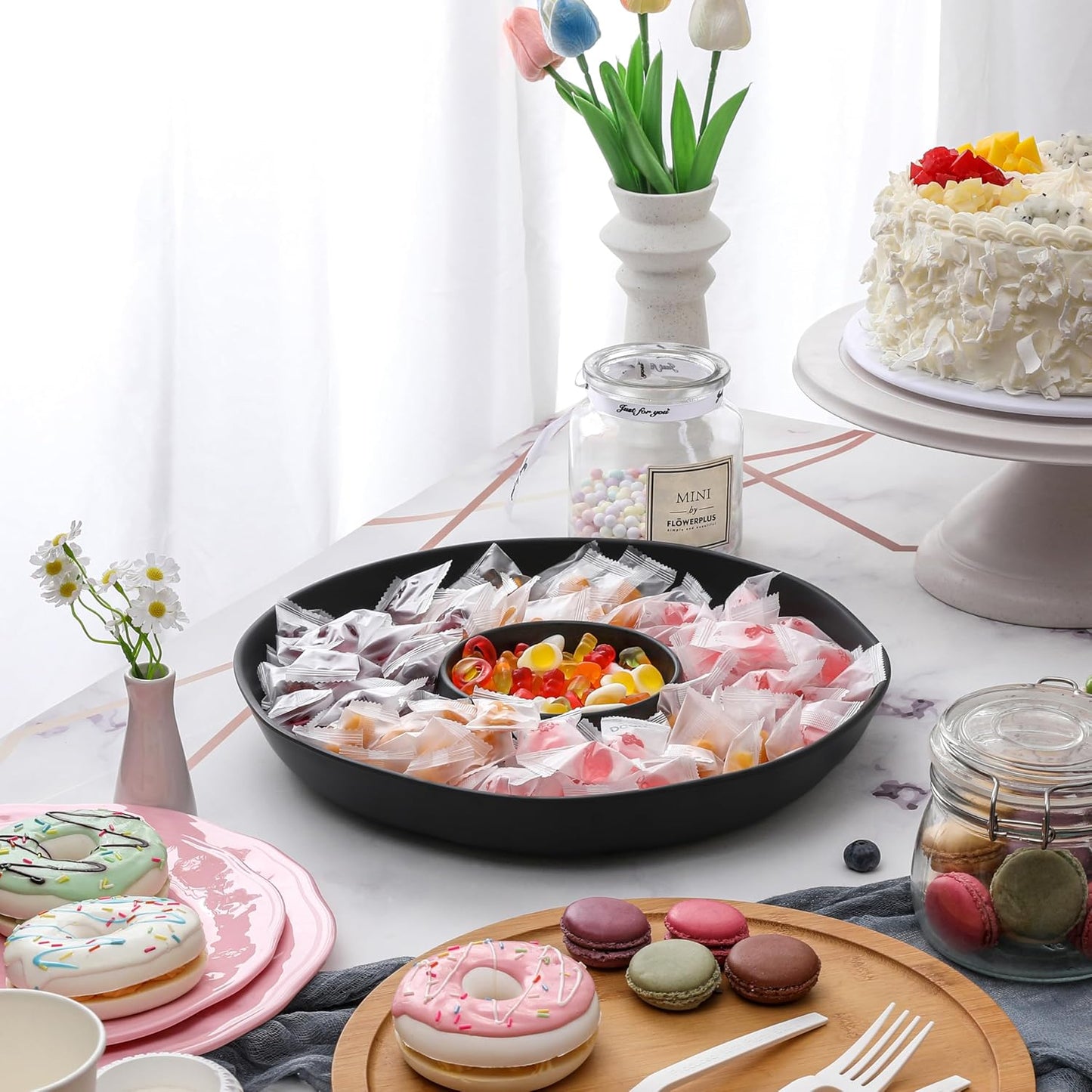 Chip and Dip Serving Set Divided Serving Platter Appetizers and Cheeses Serving Tray White Compartment Dishes for Party, Christmas, Dessert, Fruit, Candy, 13-inch Set of 2