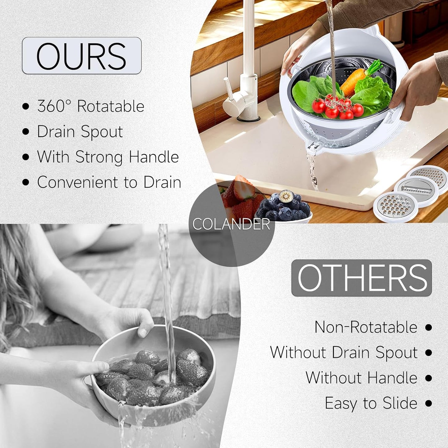 4-1 Colander with Bowl & Spoons Set - Rotatable Colander for kitchen with New Upgraded Graters, Food Strainer(Patented) for Pasta, Fruits, Vegetables, Funny Presents for Women, Beige