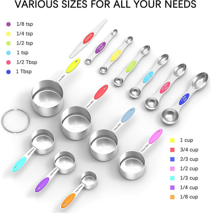 TILUCK Nesting Measuring Cups and Spoons Set, Stainless Steel with Soft Silicone Handle – Heavy Duty & Dishwasher Safe for Measuring Dry/Liquid Ingredients, Ideal for Cooking & Baking (10)