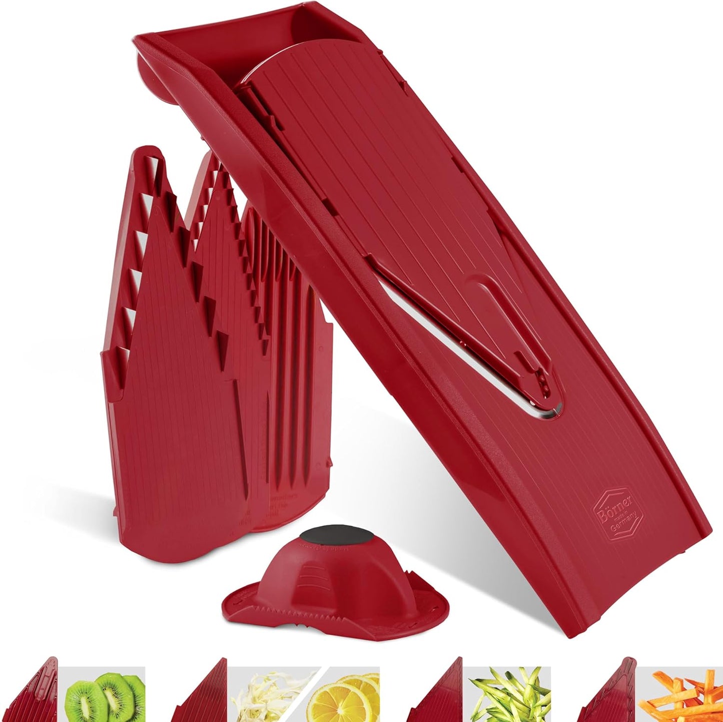 Mandoline Food Slicer Börner V1 (Starter Set) by Reston Lloyd • V-Slicer with 3 Blade Inserts & Food Holder • Made in Germany • Fruit & Vegetable Chopper • Multiple Settings • Color: Red