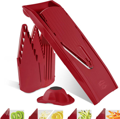 Mandoline Food Slicer Börner V1 (Starter Set) by Reston Lloyd • V-Slicer with 3 Blade Inserts & Food Holder • Made in Germany • Fruit & Vegetable Chopper • Multiple Settings • Color: Red