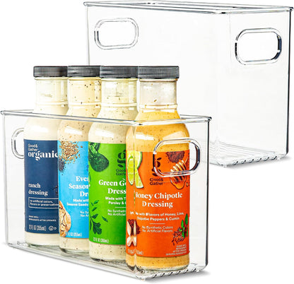 Plastic Food Storage 4 Pack Clear Container Bin with Handles for Organizing Kitchen, Pantry, Refrigerator, Freezer, Pantry, Cabinet, Closet, Bathroom. Stackable 10”x6”x3”