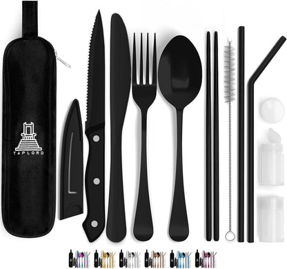 Taplord Portable Travel Silverware Set With Case, Includes 10 Pcs of Travel Utensils With Case, Stainless Steel Flatware Set For Camping, Lightweight (Multi-Color)