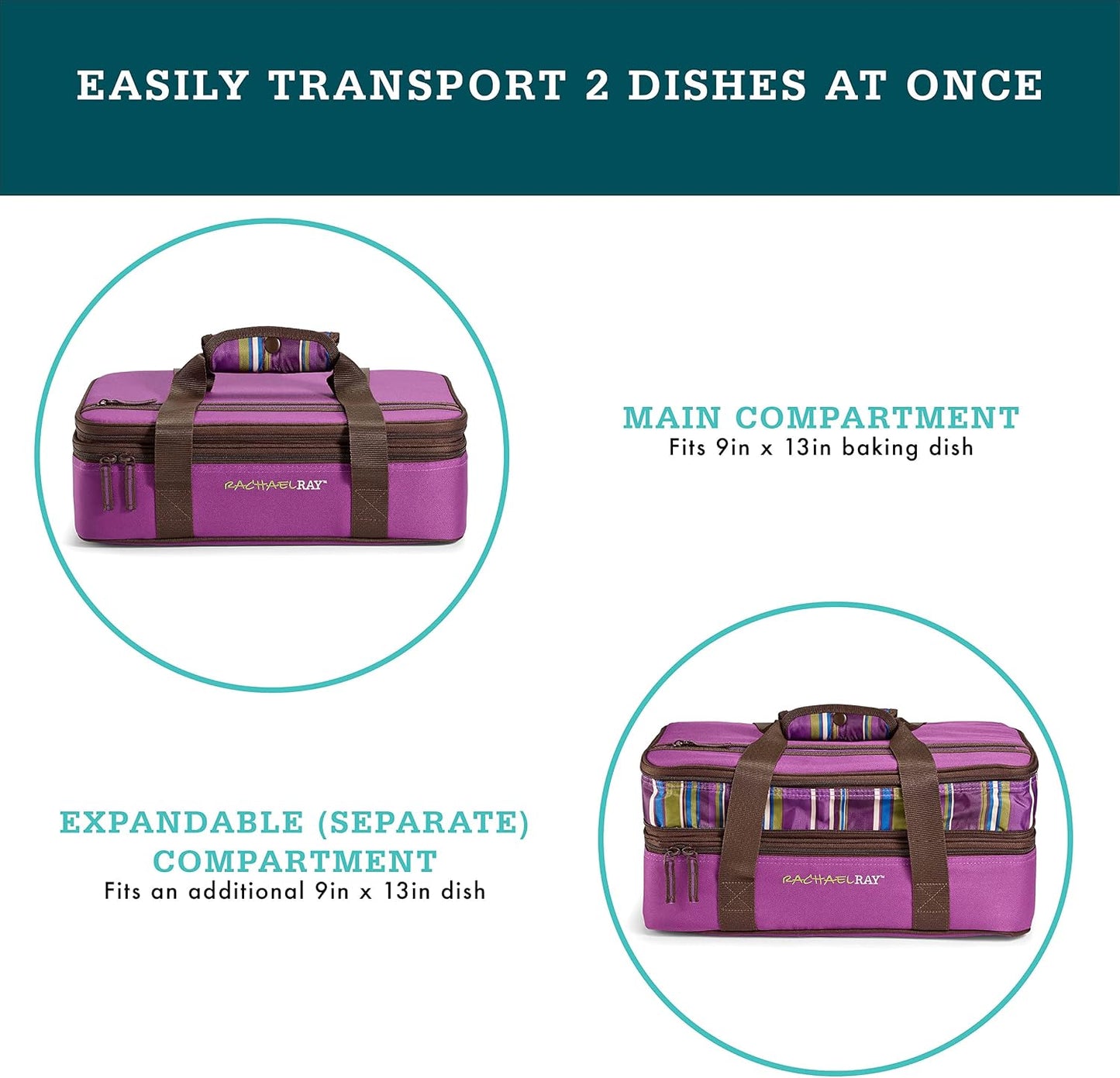Rachael Ray Expandable Lasagna Lugger, Insulated Casserole Carrier, Fits 9"x13" Baking Dish, Purple