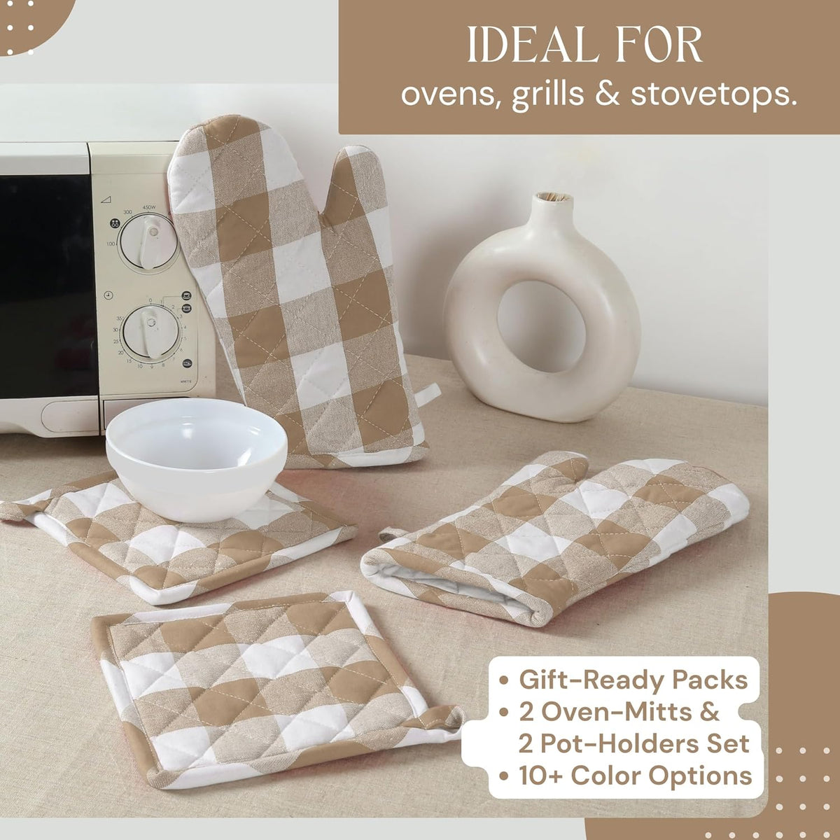 Oven Mitt (7"x13") & Pot Holder (8"x8") 100% Cotton Set of Heat Resistant Oven Gloves & Hot Pads for Gifts, BBQ, Cooking, Baking, Thanksgiving - Mustard Yellow