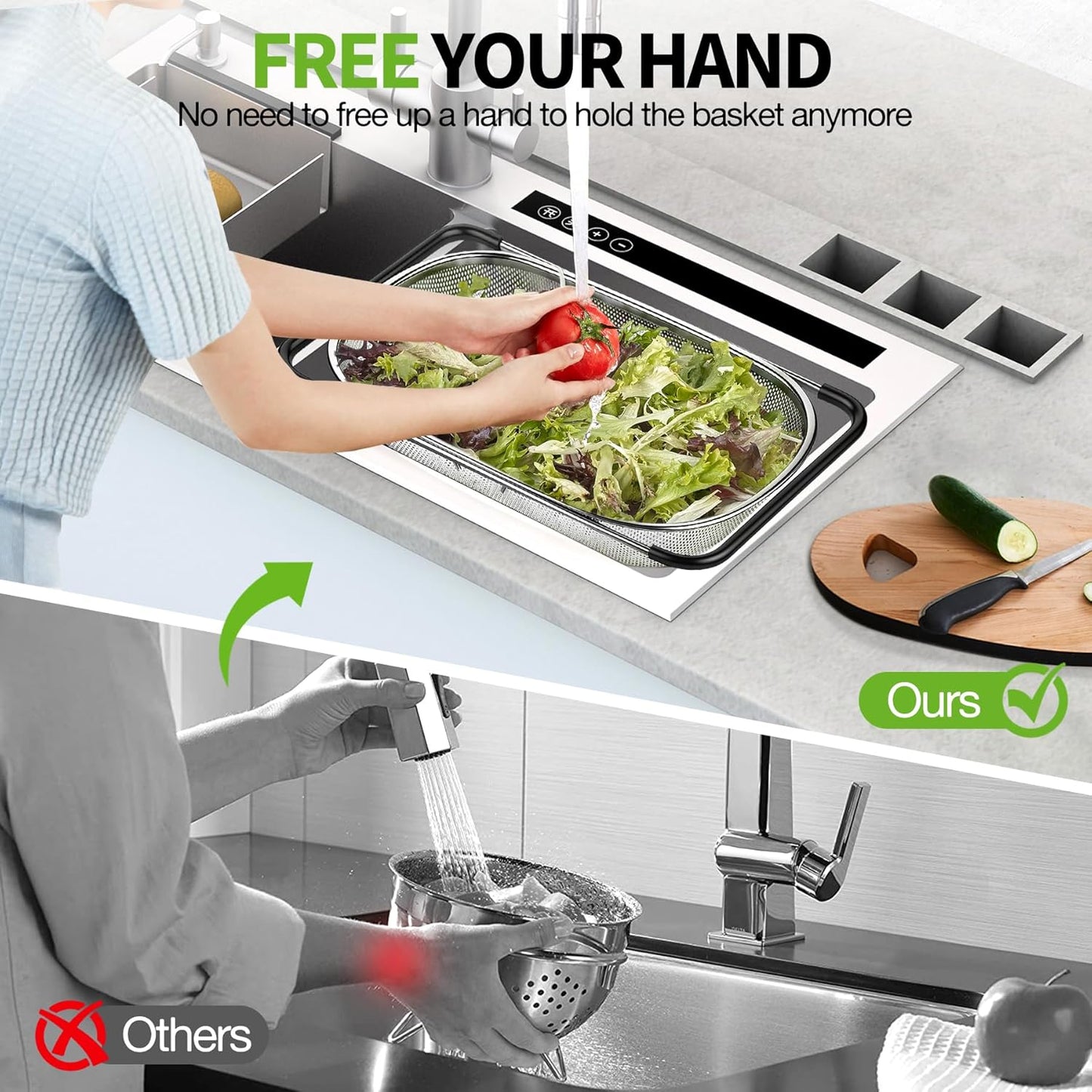FirstE Over the Sink Colander Strainer Basket 6 Quart, Fine Mesh Stainless Steel Colander with Expandable Anti-slip Rubber Grip Handles, Kitchen Sink Vegetable Strainer for Drain Pasta, Rinse Fruits