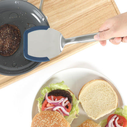 Calphalon Slotted Turner, Kitchen Flipping Spatula, Slotted Spatula, Stainless Steel Turner with Silicone Heat Resistance Handle, Nonstick-Safe Spatula for Draining and Flipping (Navy)