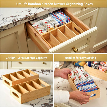 Umilife Bamboo Pantry Organizers and Storage Bins with Removable Dividers, Kitchen Drawer Cabinet Countertop Organization for Snack, Spice Packets, Teabags, Seasoning Pouches (2 Pack)