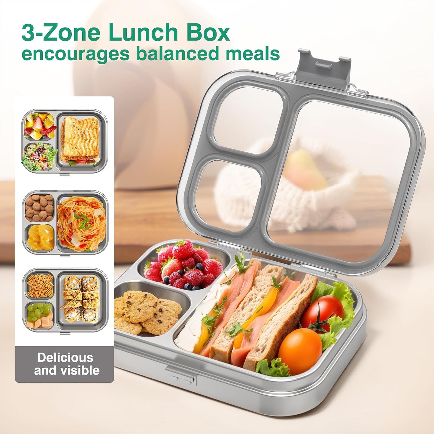 HOMEKOL Stainless Steel Bento Lunch Box, 3-Compartment Leak-Proof Lunch Container for Kids & Adults, BPA/BPS-Free 304 Metal Food Box, Dishwasher Safe, Clear Tritan Lid, Green (Not Insulated)