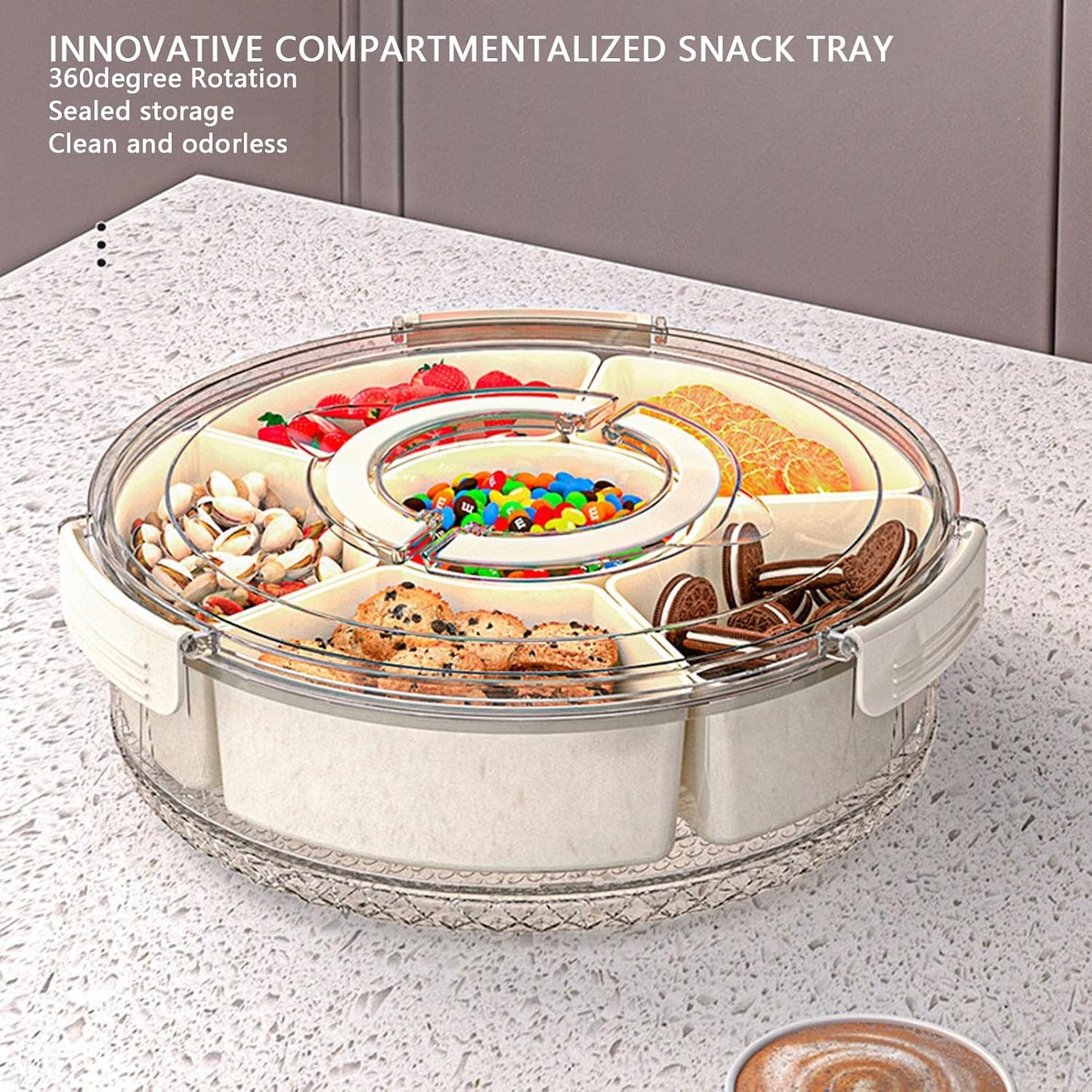 Divided Serving Tray with Lid & Handle, Plastic Portable Food Storage Container Snack Platters Divided Serving Platter with 6 Compartments for Fruit Snack Candy, Nut