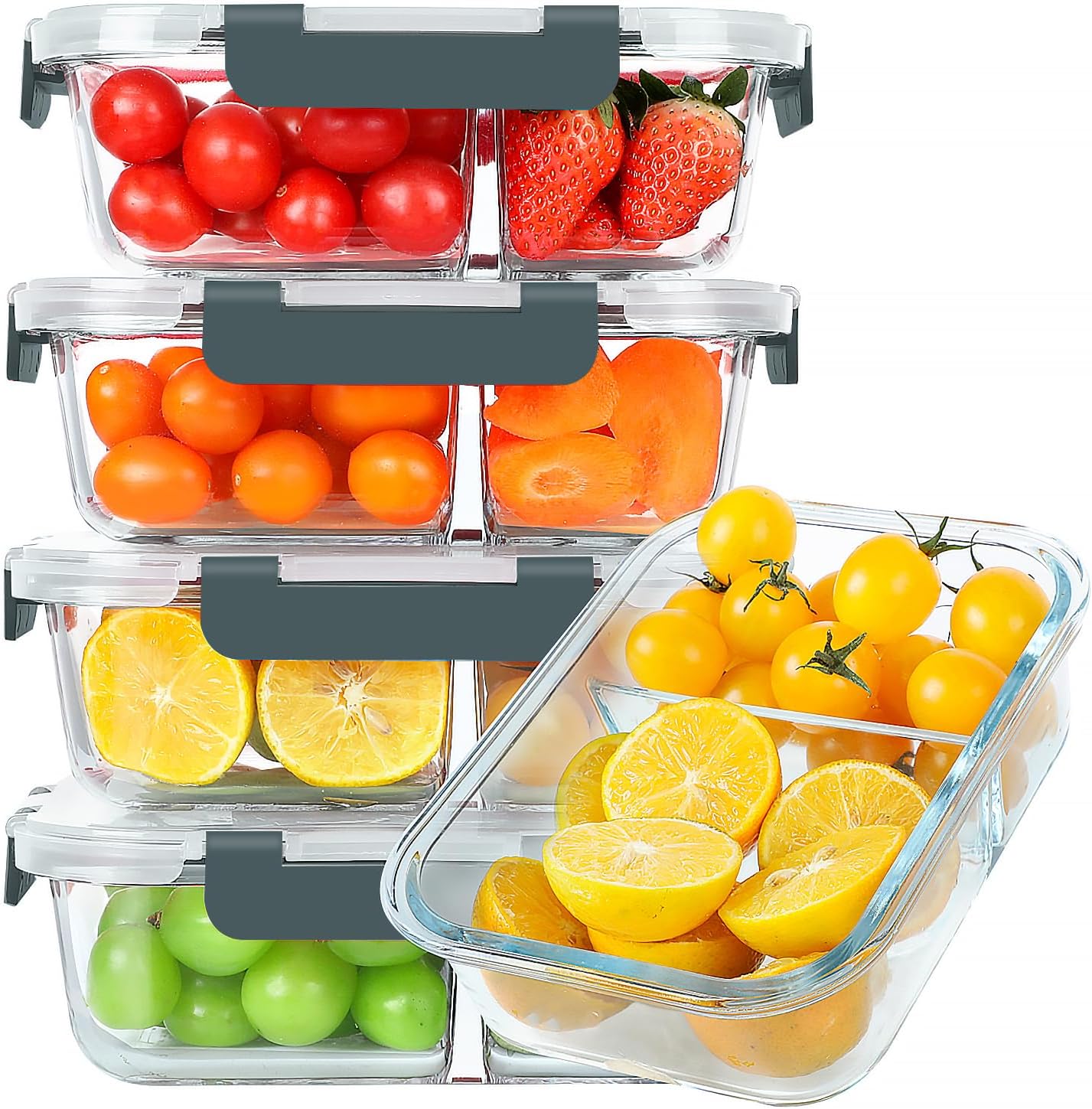 KOMUEE 30 oz 5 Pack Glass Meal Prep Containers 2 Compartments, Glass Food Storage Containers with Lids, Airtight Lunch Box, Microwave, Oven and Freezer Safe, White
