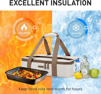 TOURIT Double Decker Insulated Casserole Carrier for Hot or Cold Food Expandable Thermal Food Carrier for Picnic Cookouts Potluck Parties Fits 9" x 13" Baking Dish