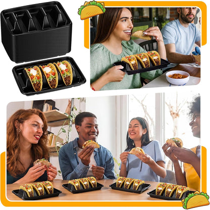 Baderke 100 Pcs Disposable Taco Holders for Party, Disposable Plastic Taco Plates with 3 Dividers, Premium PP Tacos Tray Serving Set for Tacos Tuesday, Fiesta Party Bar Supplies
