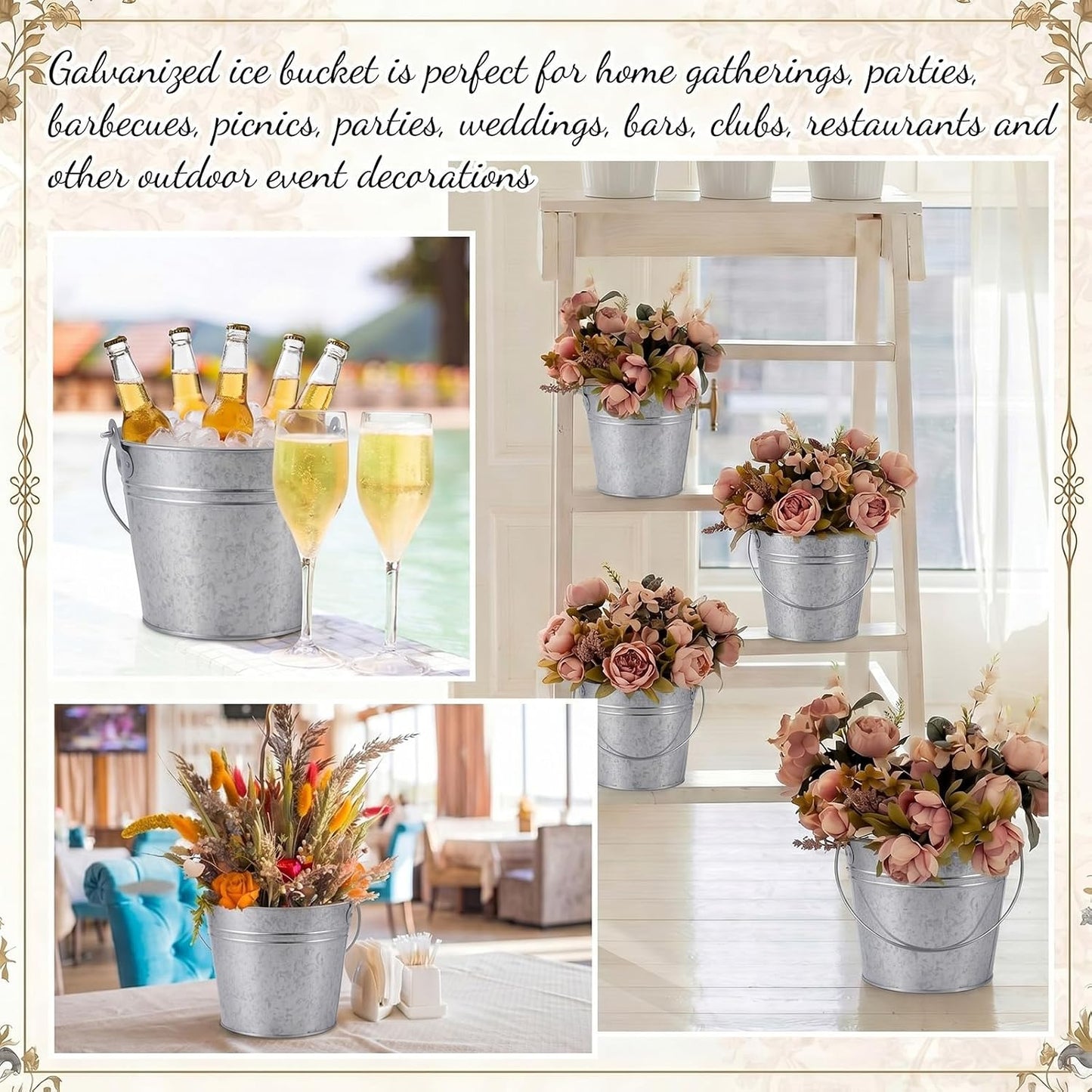 Zopeal 12 Pcs Galvanized Beer Bucket Set, Includes 8 Metal Ice Buckets 5qt with 2 Scoops & 2 Tongs, Round Slive Pails Bulk for Weddings Birthday Beach Pool Party Supplies Summer Table Centerpieces