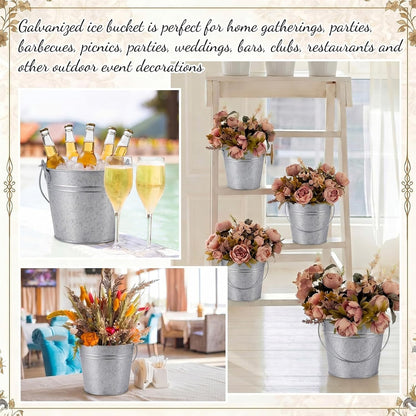 Zopeal 12 Pcs Galvanized Beer Bucket Set, Includes 8 Metal Ice Buckets 5qt with 2 Scoops & 2 Tongs, Round Slive Pails Bulk for Weddings Birthday Beach Pool Party Supplies Summer Table Centerpieces