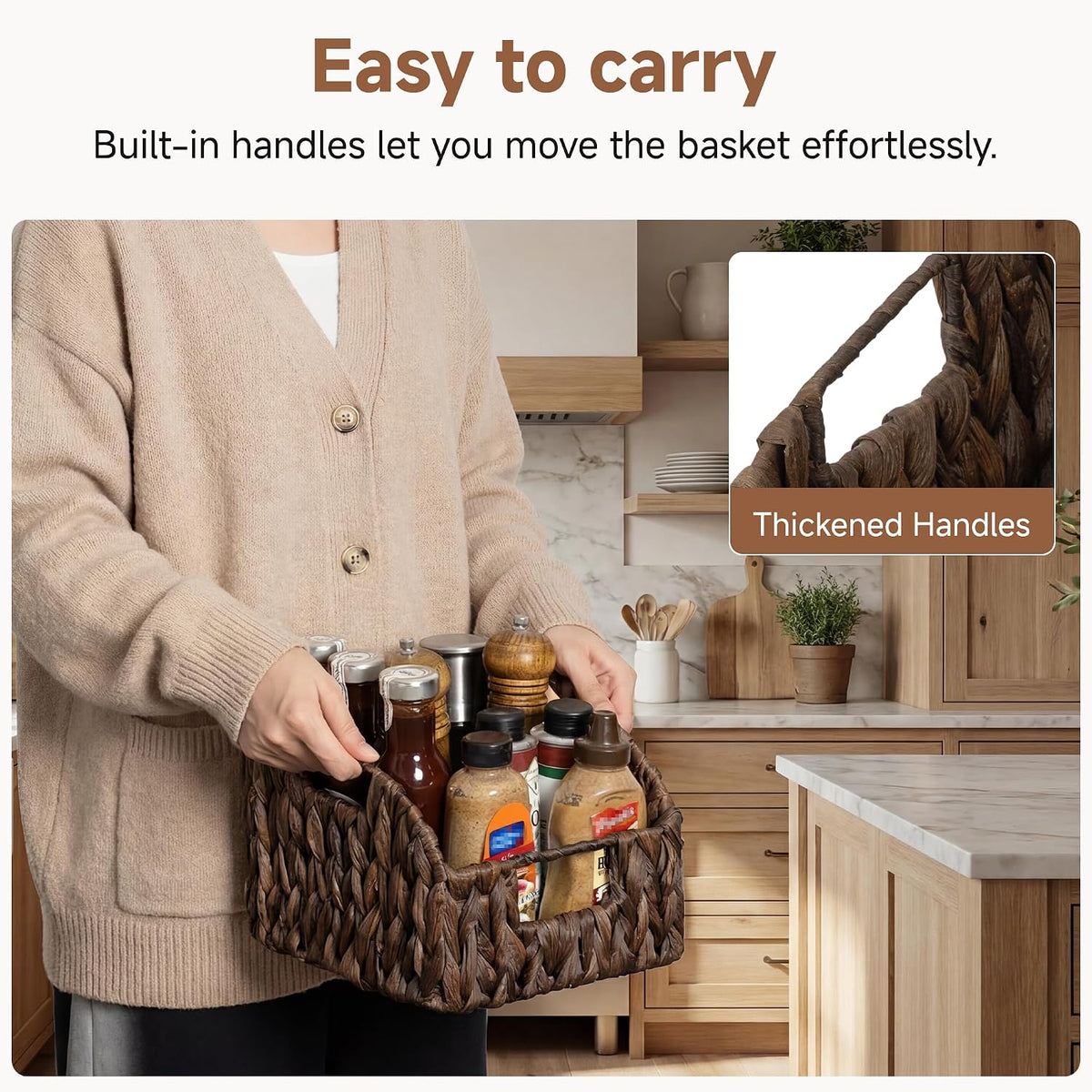 StorageWorks Water Hyacinth Pantry Storage Baskets, Wicker Baskets with Built-in Handles, Handwoven Shelf Baskets for Organizing, Pantry Organizers and Storage, 3 Pack