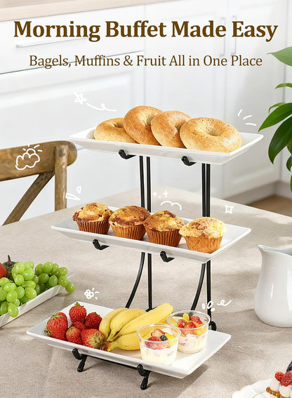 Yedio 3 Tier Serving Tray Set – 12 Inch Porcelain Serving Platters with Pre-Assembled Gold Metal Stand, No Installation Required, Tiered Tray for Dessert Fruit Food Display and Party Entertaining