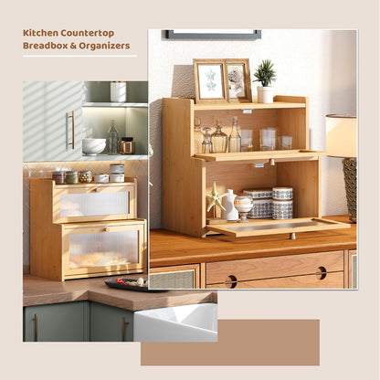 FILWH Bread Box for Kitchen Countertop Double Layer Large Corner Bread Box Capacity Bread Storage Bin Farmhouse Breadbox Container Organizer Cabinet Cupboard Black