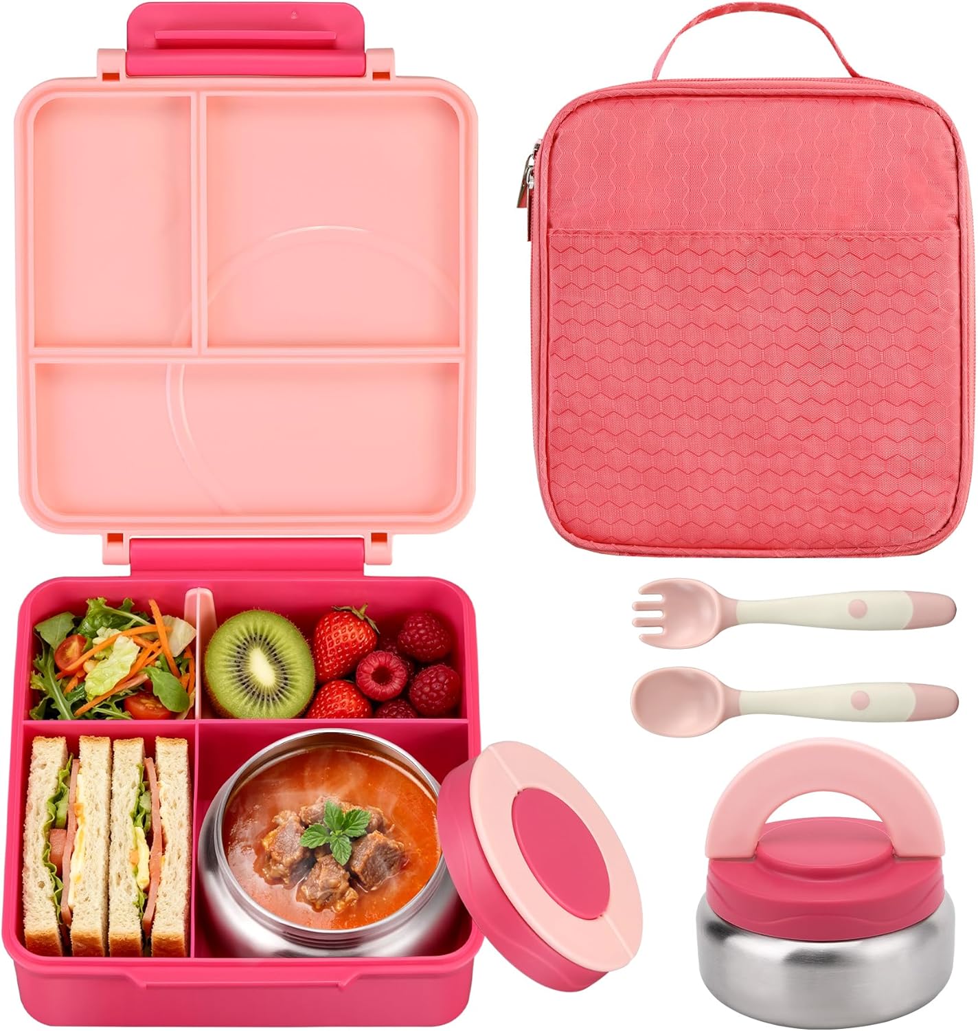 Itslife Bento Lunch Box for Kids with 8oz Soup Thermo&Lunch Bag, Leak-Proof Lunch Food Containers with 4 Compartment, Hot Food Insulated Food Jar for Kids School (Green)