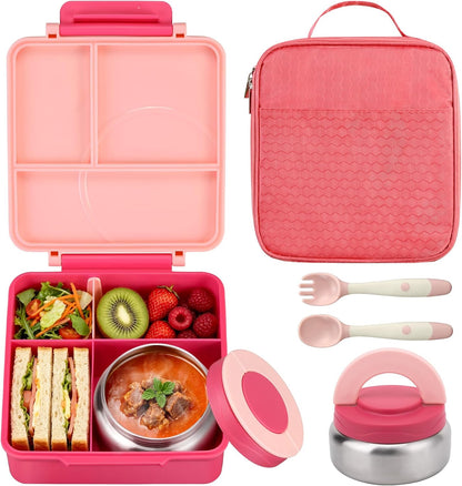 Itslife Bento Lunch Box for Kids with 8oz Soup Thermo&Lunch Bag, Leak-Proof Lunch Food Containers with 4 Compartment, Hot Food Insulated Food Jar for Kids School (Green)