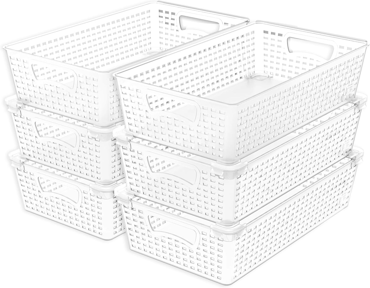 Simple Houseware Stackable Plastic Woven Basket Organizer, 6 Pack, White | 14.5" D x 8.5" W x 3.5" H