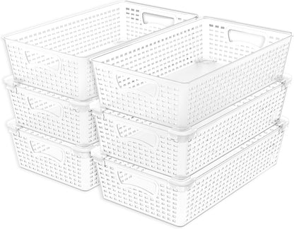 Simple Houseware Stackable Plastic Woven Basket Organizer, 6 Pack, White | 14.5" D x 8.5" W x 3.5" H