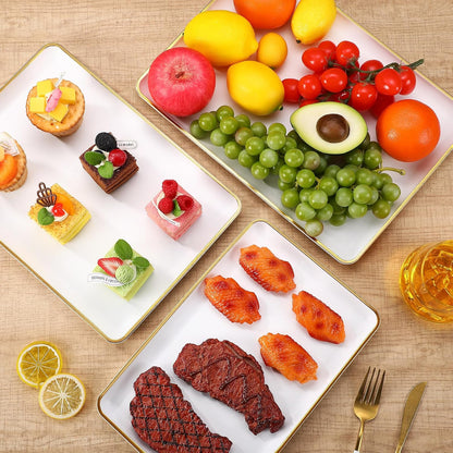 Rtteri Set of 4 Large Serving Platter Set 15/14/13/12 Inch Heavy Plastic Serving Trays Unbreakable Rectangular Platter Reusable Wood Grain Tray for Buffet Wedding Christmas Party(Black and Red)