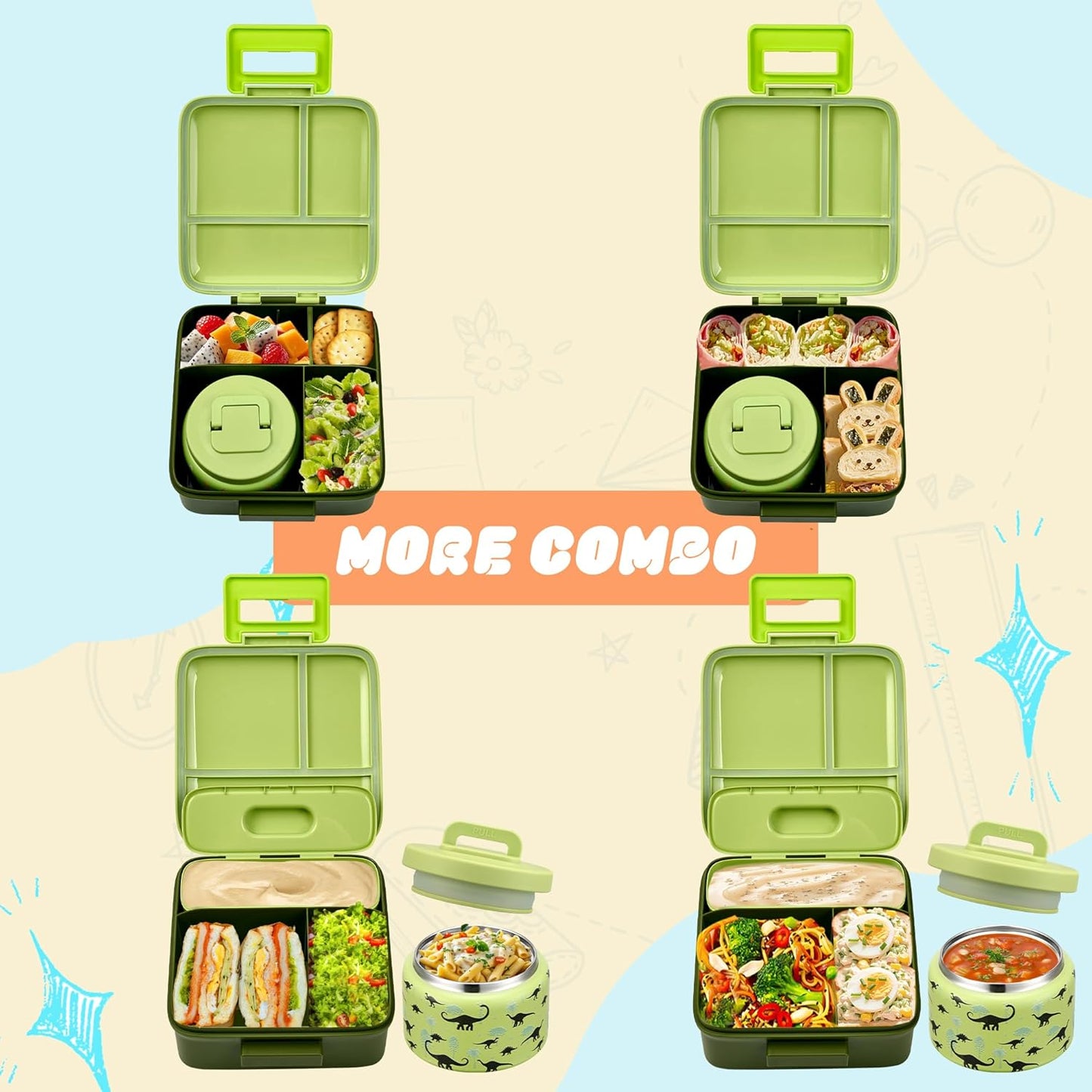 Bento Lunch Box for Kids with 8oz Soup Thermo Leak-Proof Lunch Food Containers with Snack Sauce Container for Kid Girls Boys to School (Pink Mermaid)