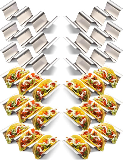 Taco Holder 12 Packs - Stainless Steel Taco Holders set of 12, Oven & Dishwasher & Grill Safe Taco Shell Tray, Each Metal Taco Stands for 3 Tacos, Stylish Taco Rack with Handles