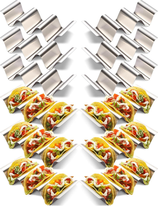 Taco Holder 12 Packs - Stainless Steel Taco Holders set of 12, Oven & Dishwasher & Grill Safe Taco Shell Tray, Each Metal Taco Stands for 3 Tacos, Stylish Taco Rack with Handles