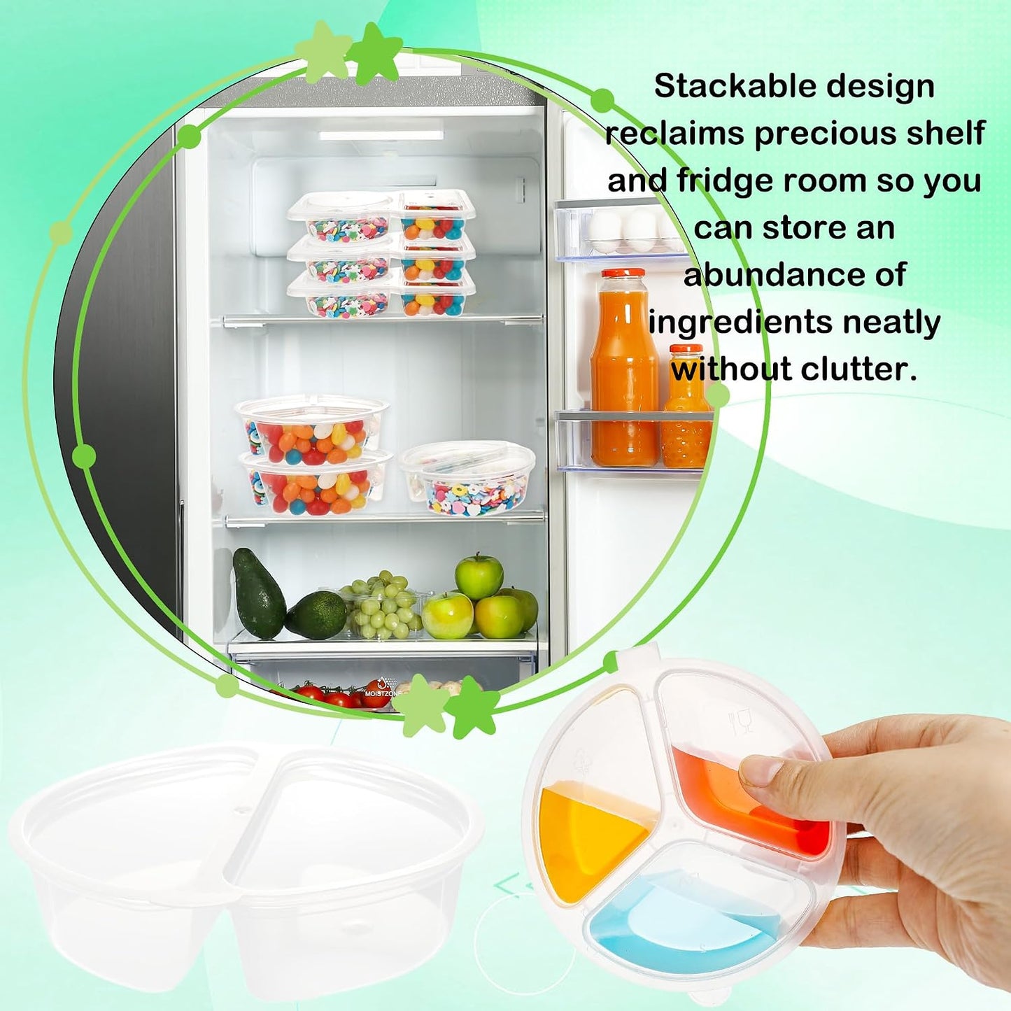 45 Pcs 2 Compartment Snack Containers 3 Compartment Condiment Containers with Lids Plastic Box for Sauce Meal Prep Portion Control, 3 Shapes