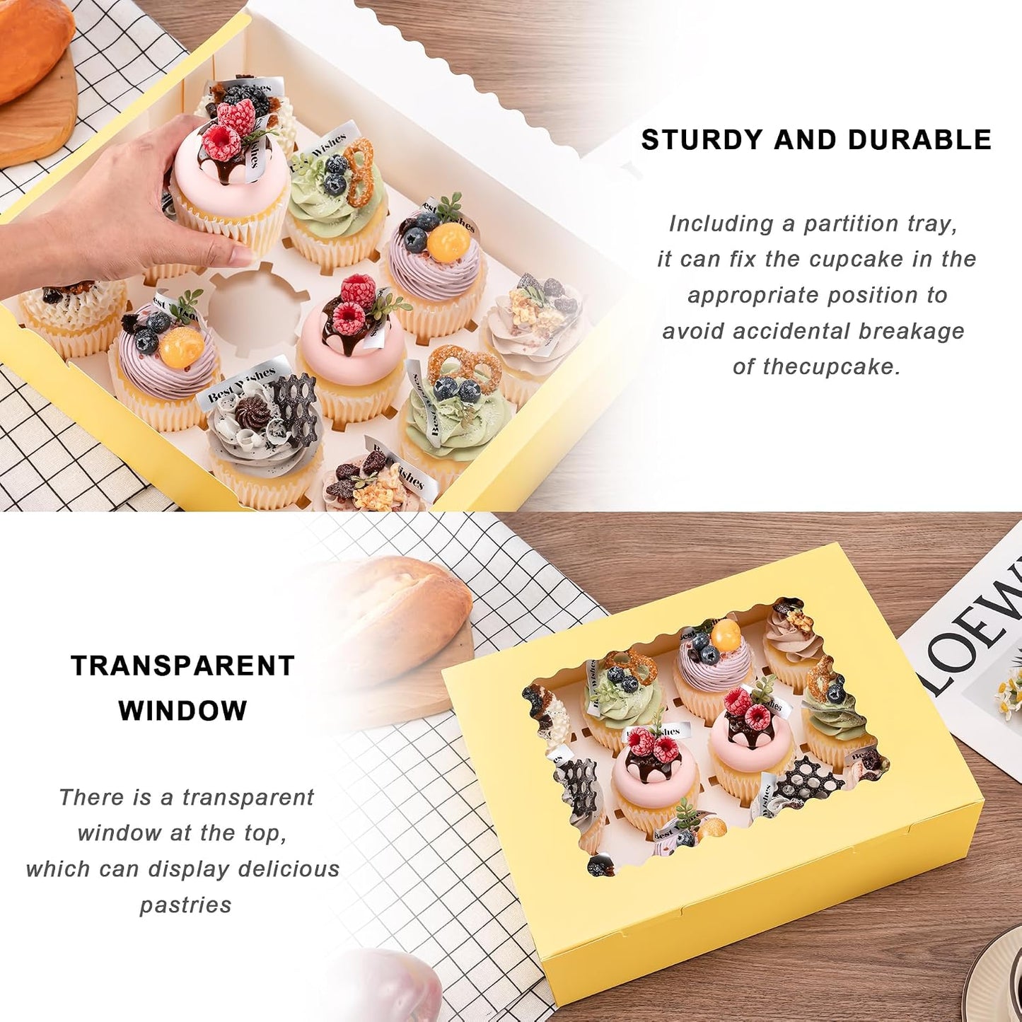 Hoewina 6PCS Cupcake Boxes - Hold 12 Count Cupcake Containers with Window, Food Grade Cupcake Holder Easy Transport and Presentation - Ideal for Cupcakes, Desserts, and More