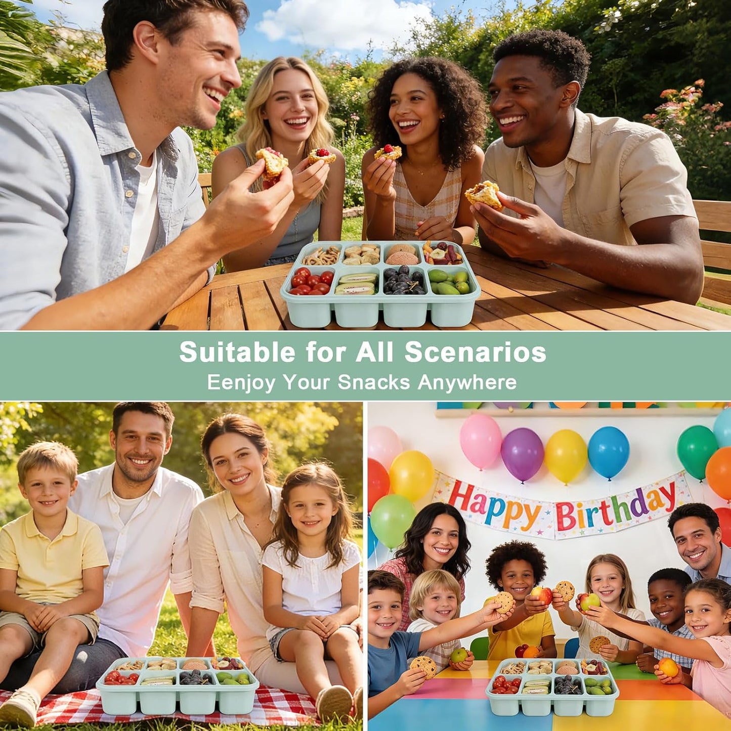Snackle Box Container, Large 8-Compartment Divided Serving Tray with Lid and Handle, Portable Snack Tray for Travel Party Beach Picnic, Dishwasher Safe, BPA-Free, Wheat Straw