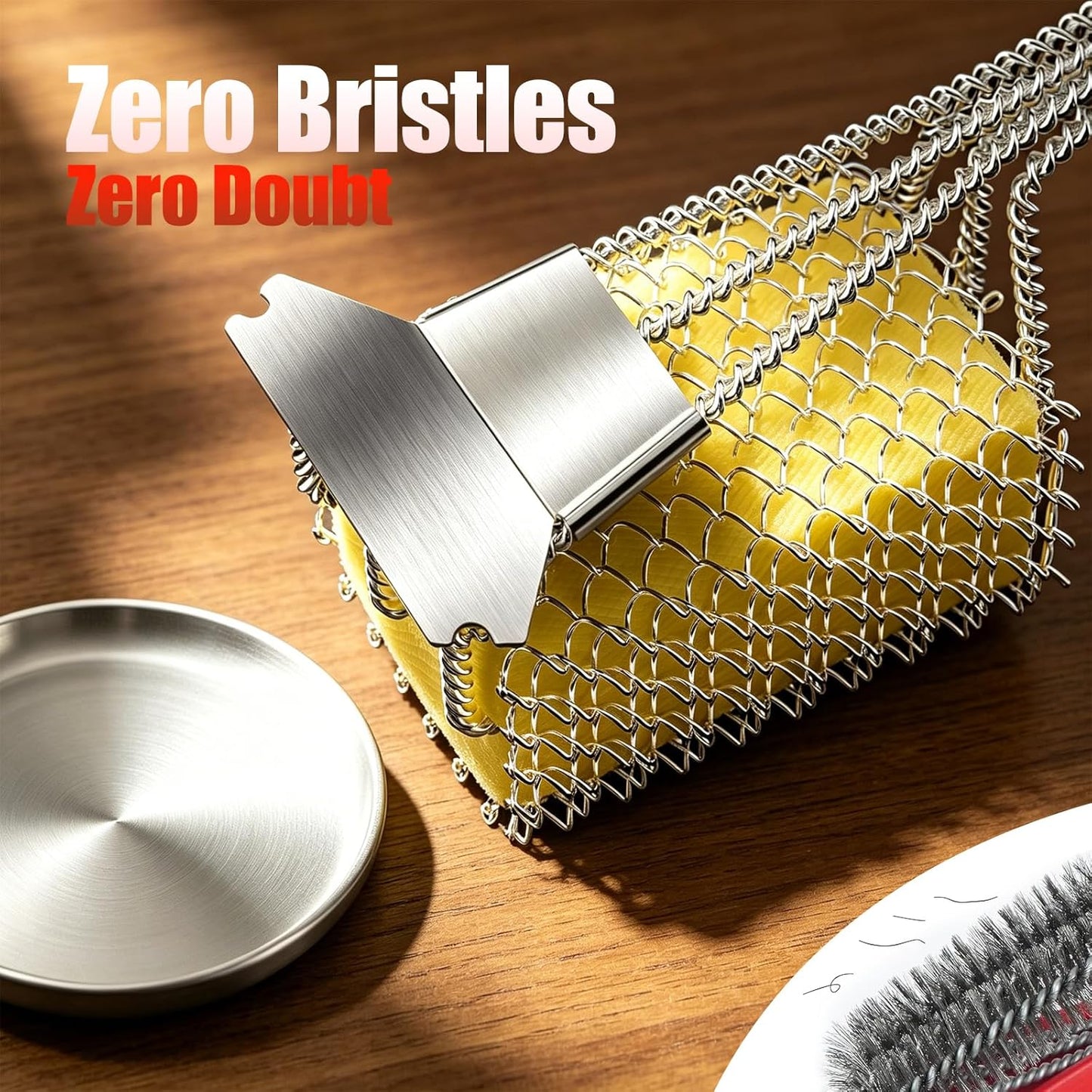 Bristle-Free Grill Brush with Scraper - Safe Steam Clean BBQ Brush with 18" Heat-Resistant Handle, 304 Stainless Locked-Core Mesh Head & HD Scraper | No Loose Wires Design | Grill Grate Cleaner Tool