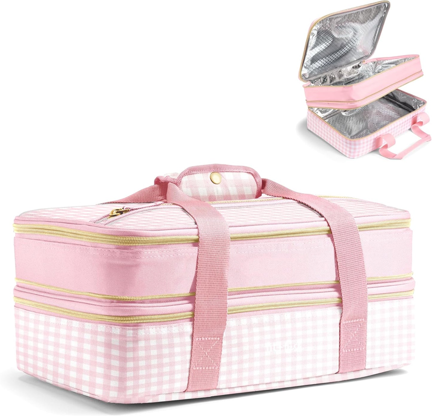 Fit & Fresh Insulated Casserole Carrier - Double Decker Food Carrier Fits Two 9x13 Dishes, Expandable Hot & Cold Food Transport Bag with Zipper Pocket for Potluck, Easter & Travel, Pink Gingham