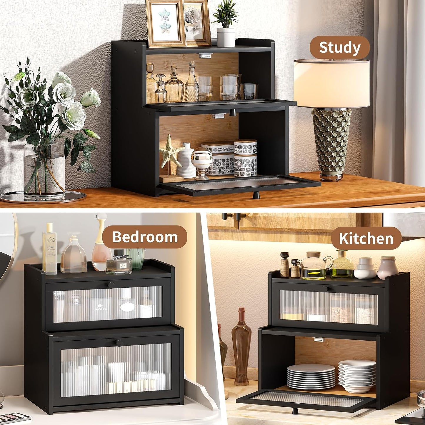 FILWH Bread Box for Kitchen Countertop Double Layer Large Corner Bread Box Capacity Bread Storage Bin Farmhouse Breadbox Container Organizer Cabinet Cupboard Black