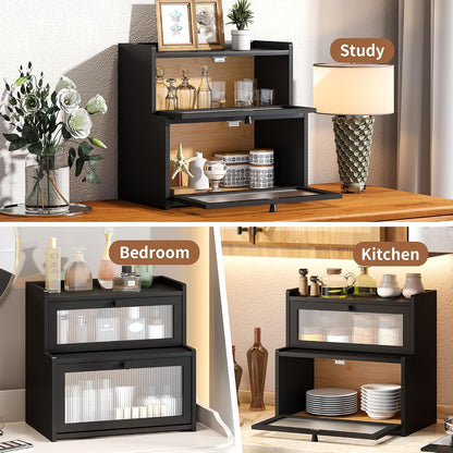 FILWH Bread Box for Kitchen Countertop Double Layer Large Corner Bread Box Capacity Bread Storage Bin Farmhouse Breadbox Container Organizer Cabinet Cupboard Black